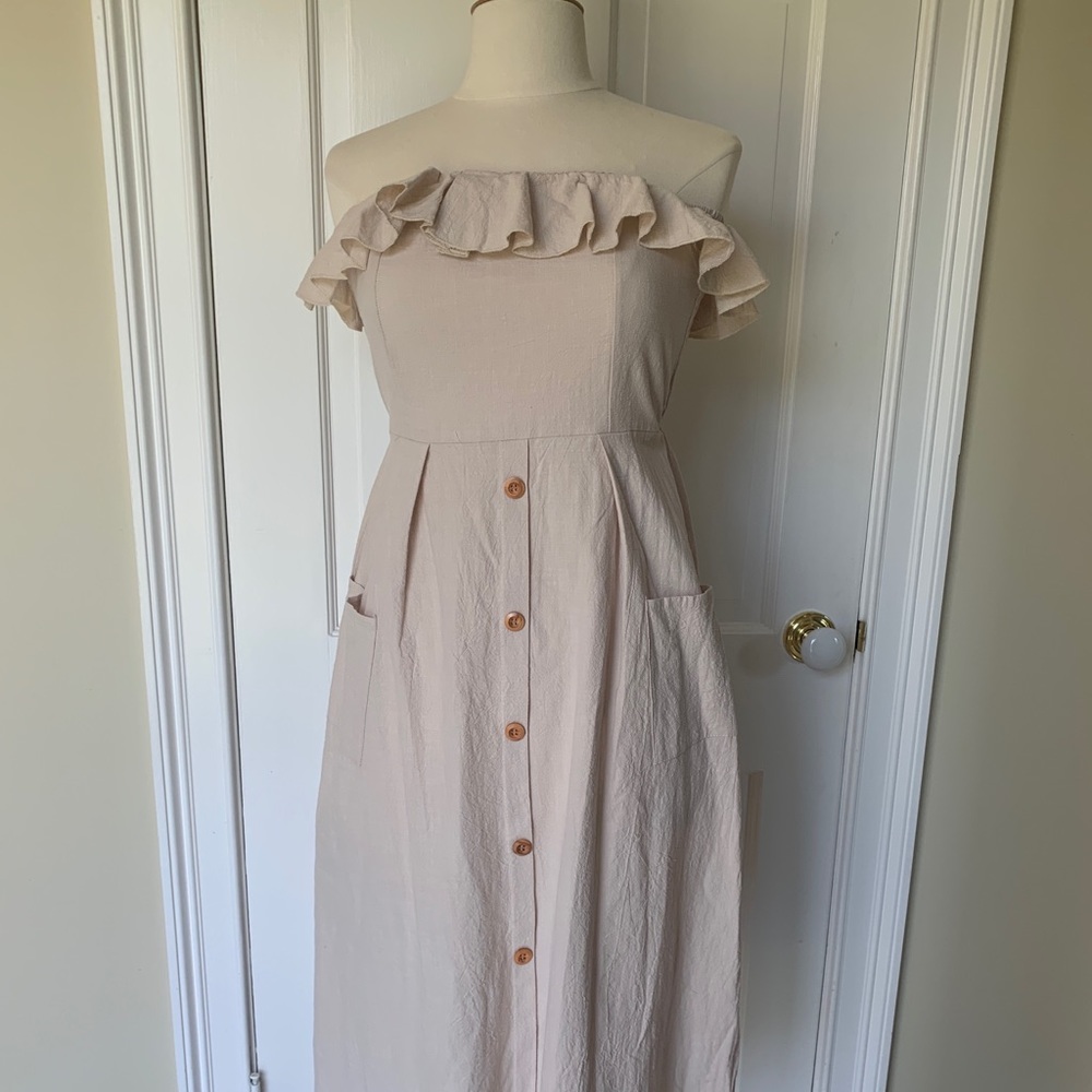 Beige off the shoulder cotton dress